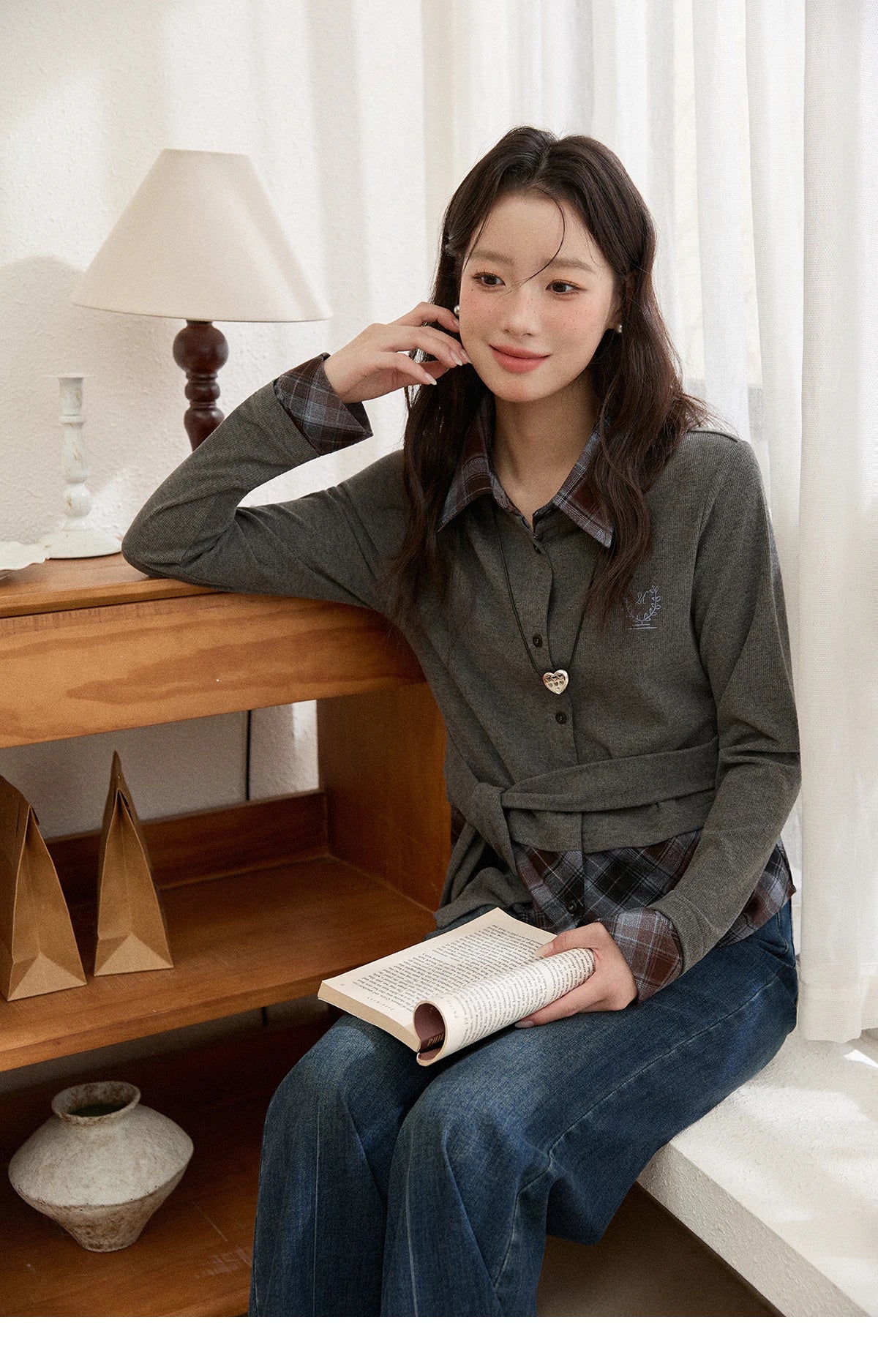 MISHOW Fake Two-Piece Plaid Shirt Lapel Waist Tie Embroidery MXE89C2421