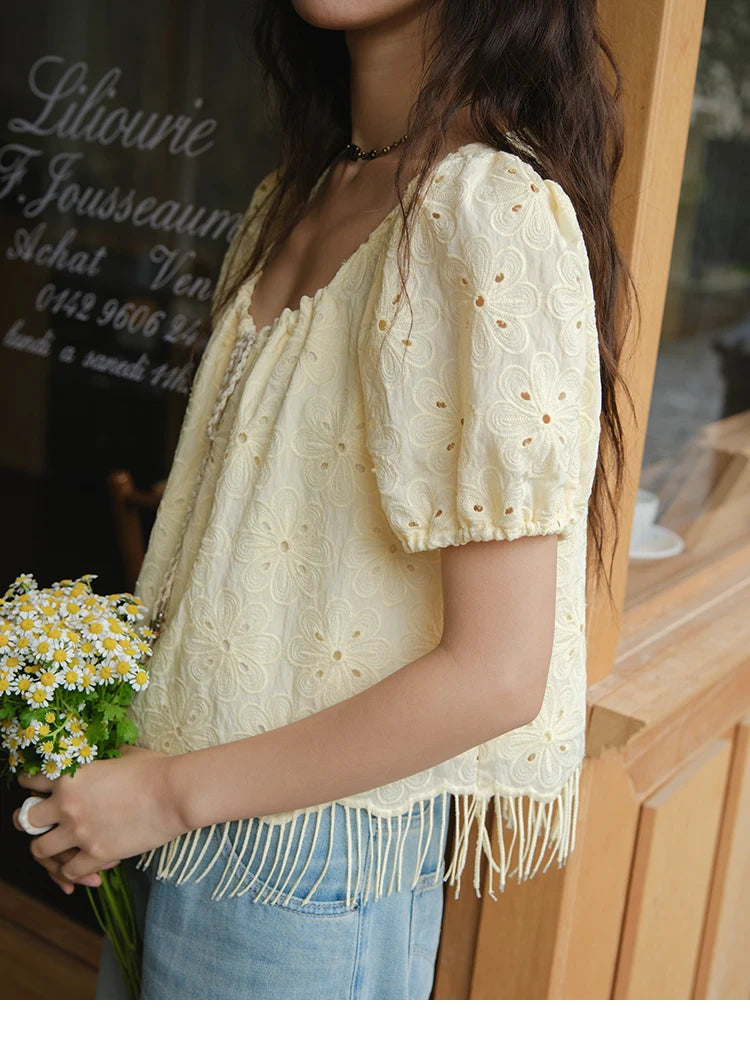 MISHOW Hollow Out Blouse Embroidery Puff Sleeve Square Collar Tassel MXE37X1851