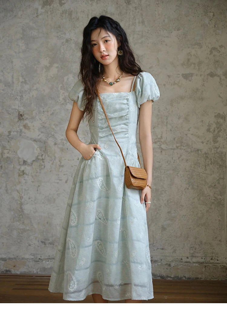 Mishow Paisley Embroidery Square Neck Puff Sleeve Dress MXE34L2265