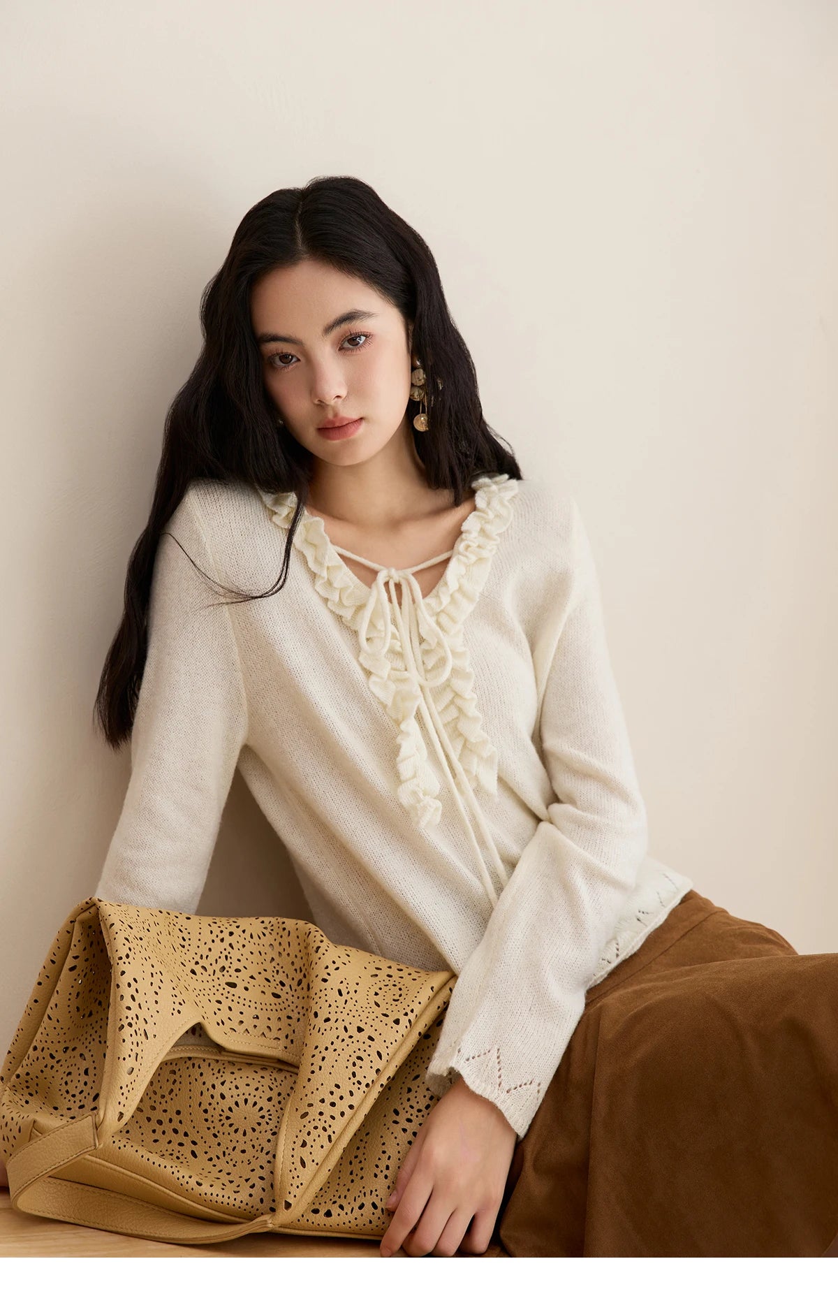 Mishow Beige V-Neck Wood Ear Hollow Sweater MXE51Z2595