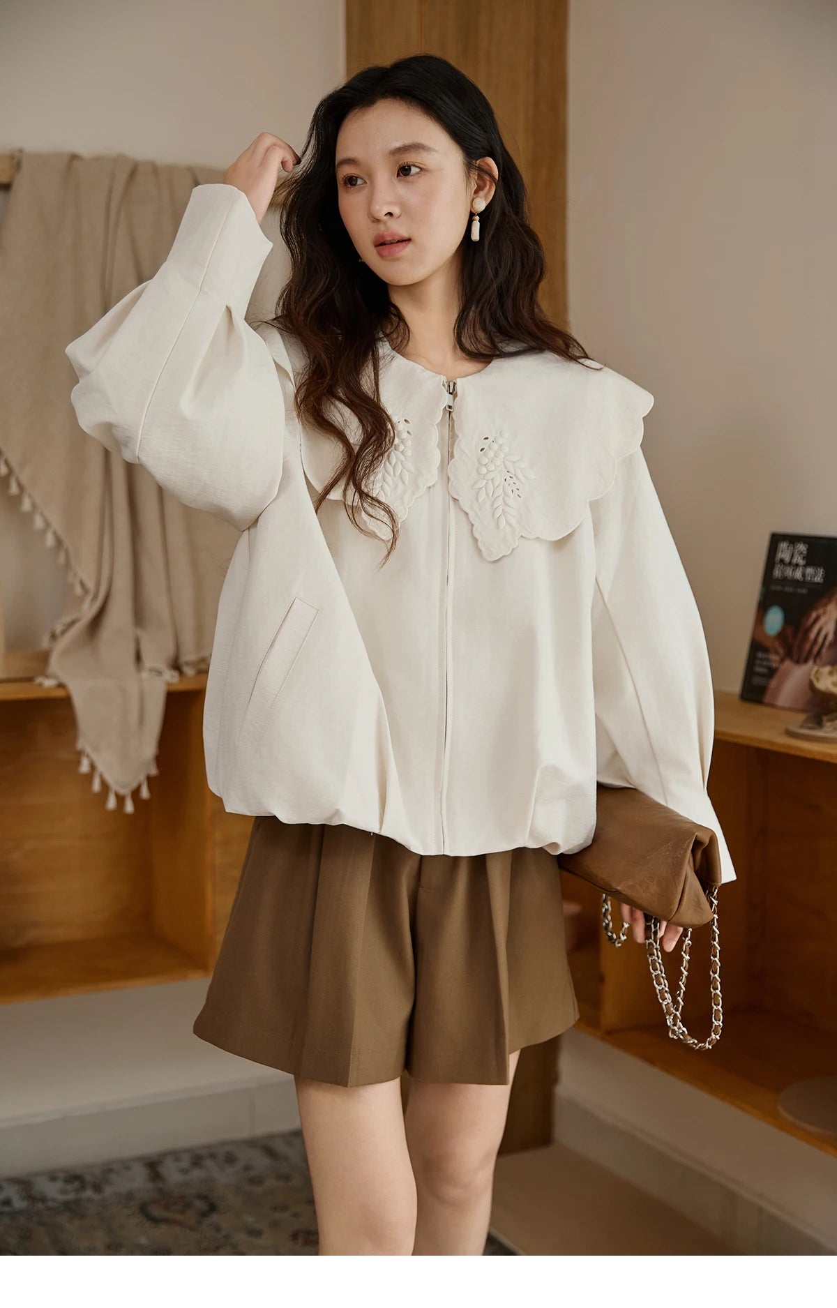 MISHOW Wheat Sprout Embroidery Coat Doll Collar Hem Folded Zipper MXE45W0860