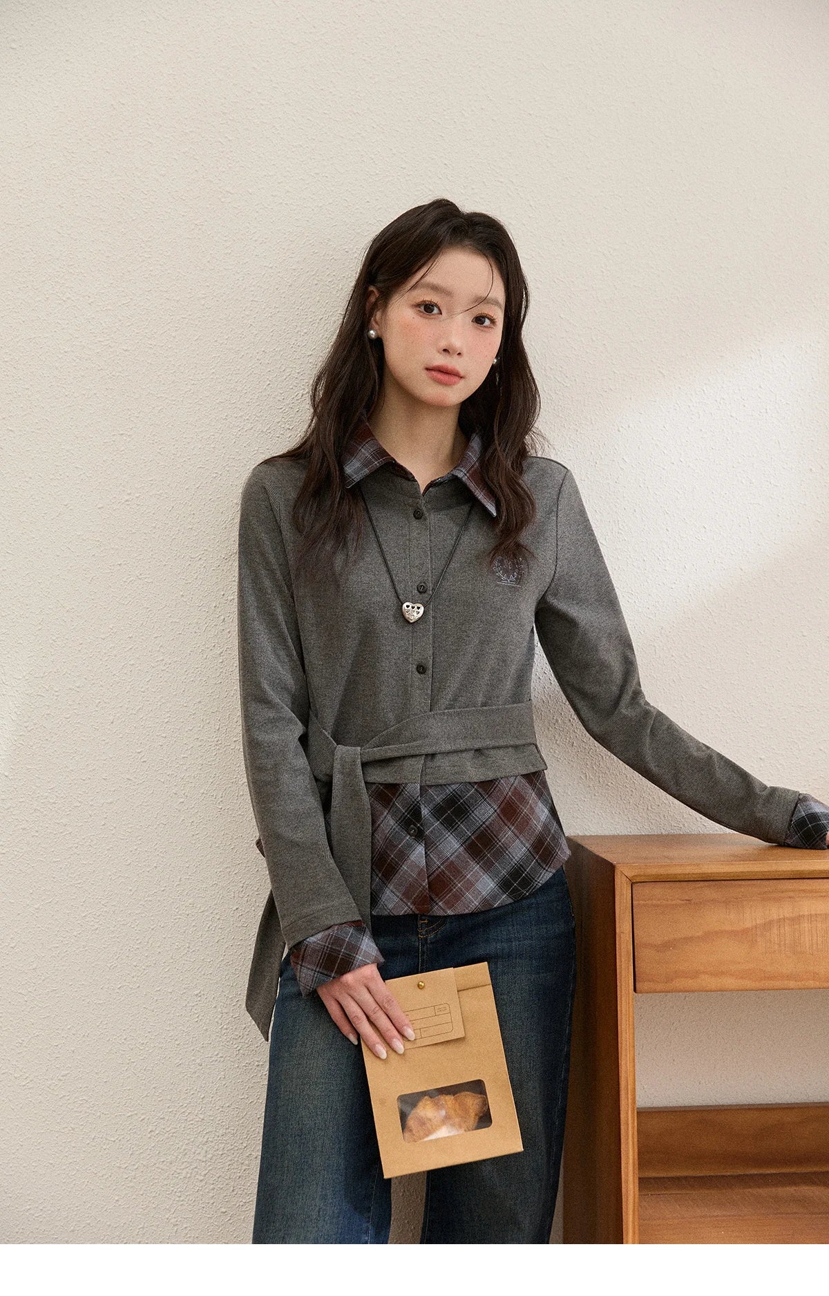 MISHOW Fake Two-Piece Plaid Shirt Lapel Waist Tie Embroidery MXE89C2421