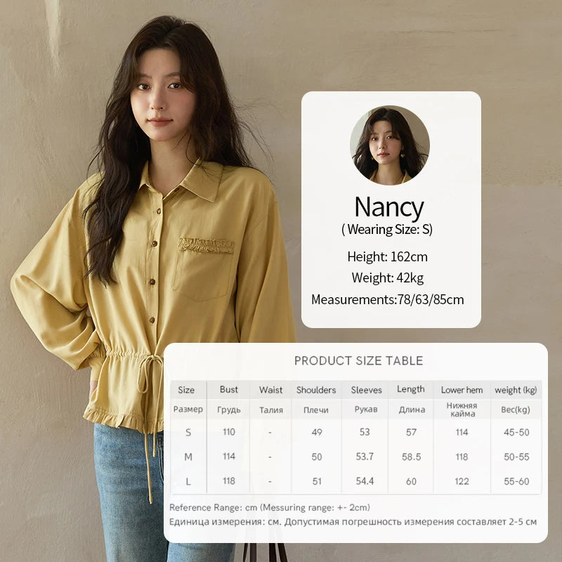 MISHOW Yellow Drawstring Waist Shirt Lapel Lantern Sleeve MXE42C2368