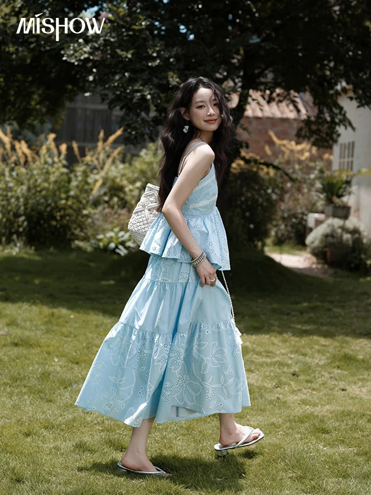 Mishow Strap V-Neck Embroidery Top & Drawstring Skirt Set MXE34T0624