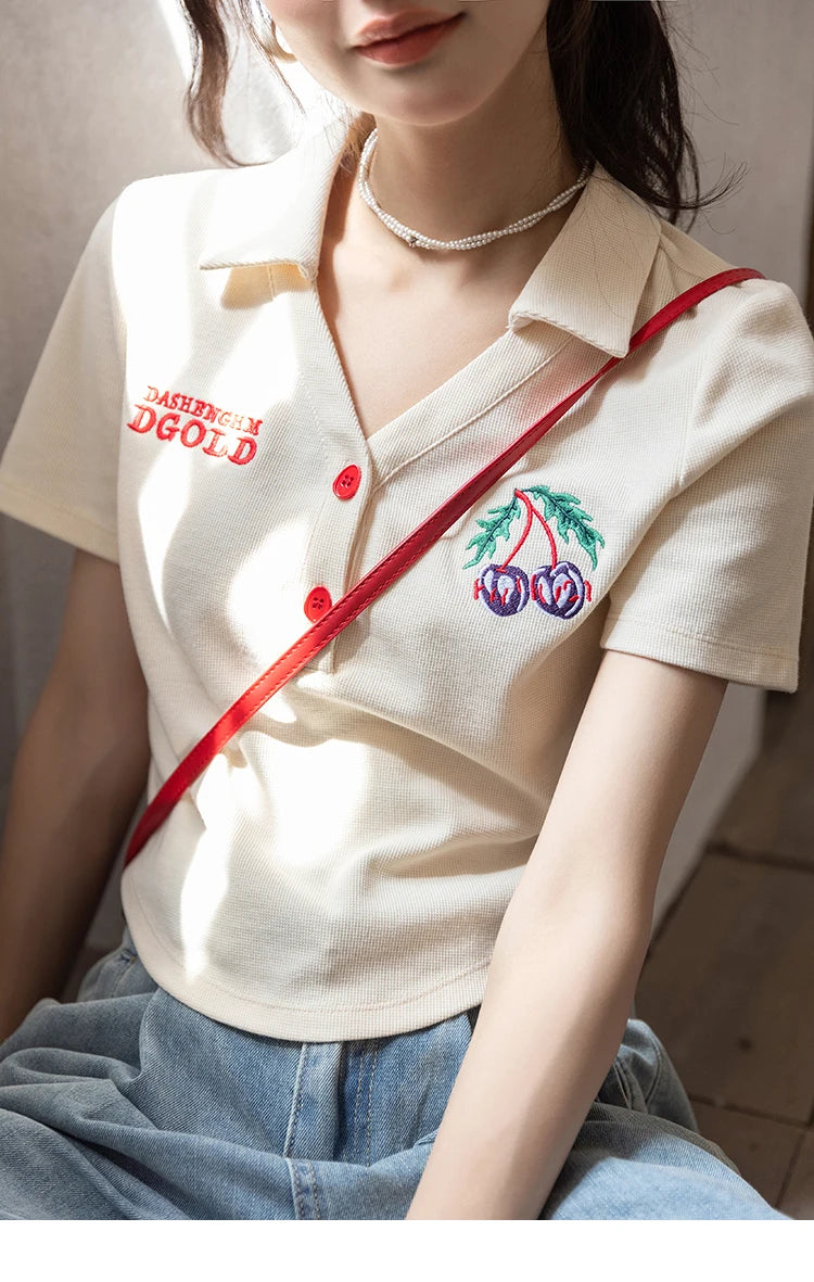 Mishow Korean Polo Collar Embroidery Letter Tee MXB32T0477