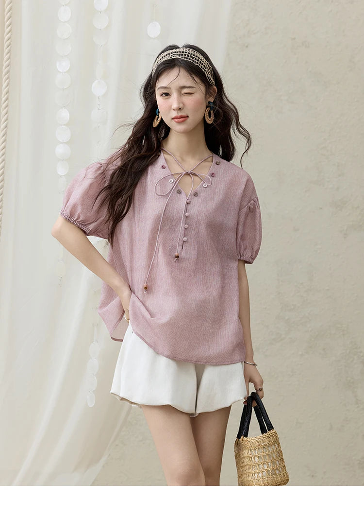 MISHOW Solid V-Neck Blouse Short Puff Sleeve Lace-Up MXE33X1743