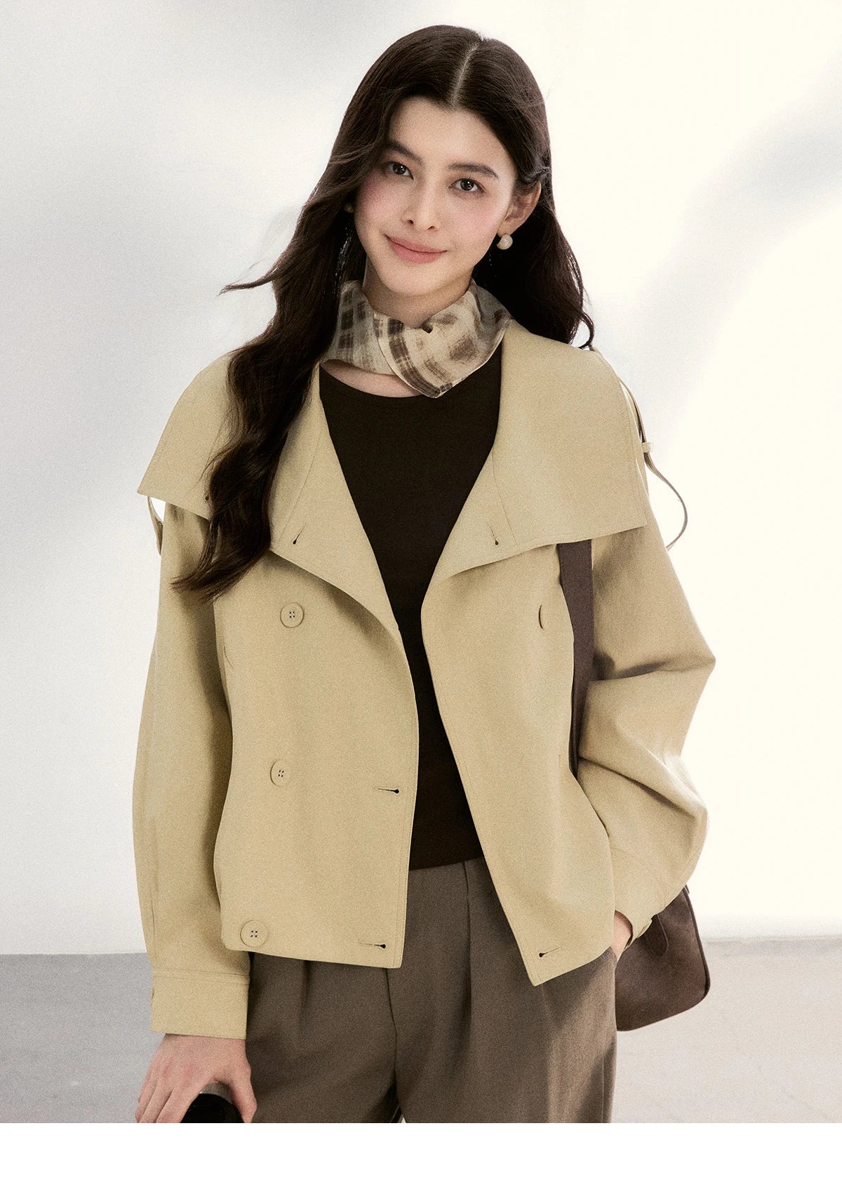 MISHOW Khaki Cropped Leather Jacket Lapel Stand Collar MXF108W1000