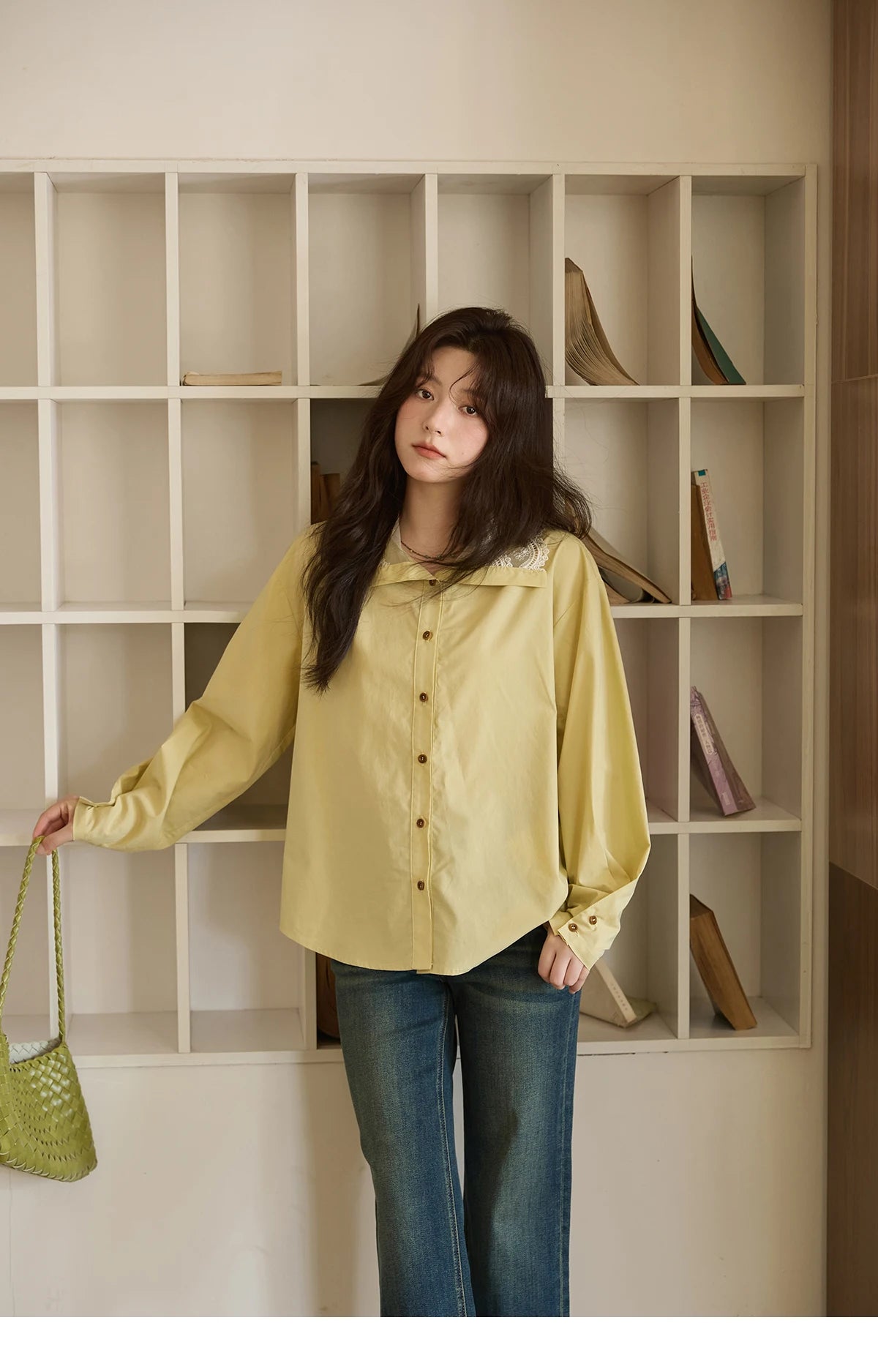 MISHOW Solid Cotton Shirt V-Neck Double Layer Lace MXE41C2366