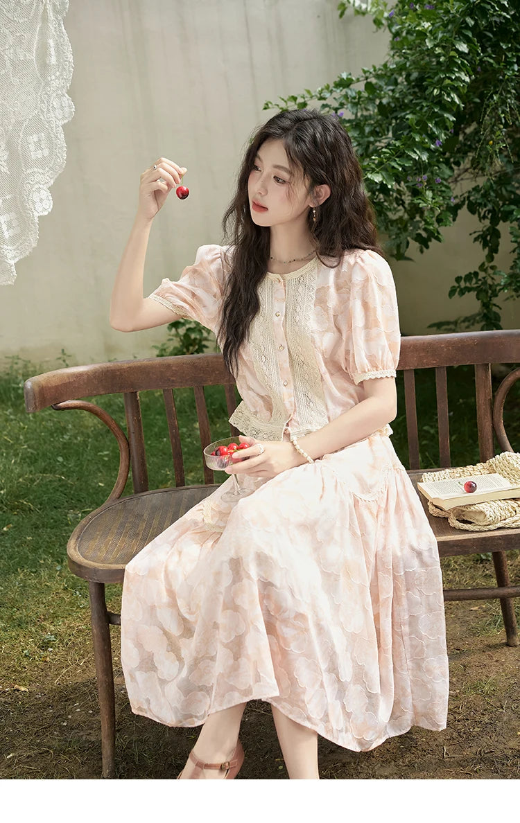 MISHOW French Embroidered Lace Bubble Sleeve Top & Elastic Waist Skirt Set MXD23X1428