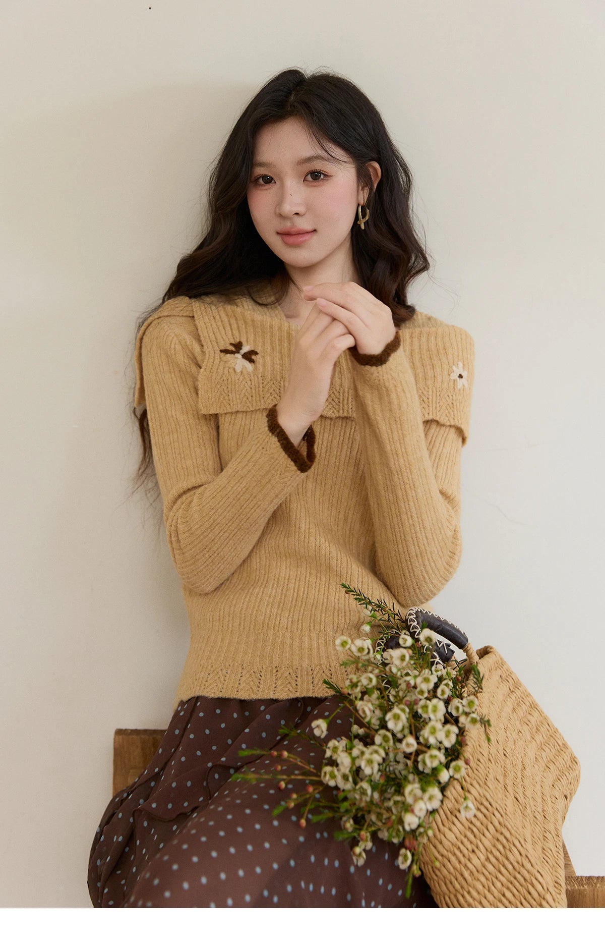 Mishow Yellow One Shoulder Floral Ribbed Sweater MXF11Z2894