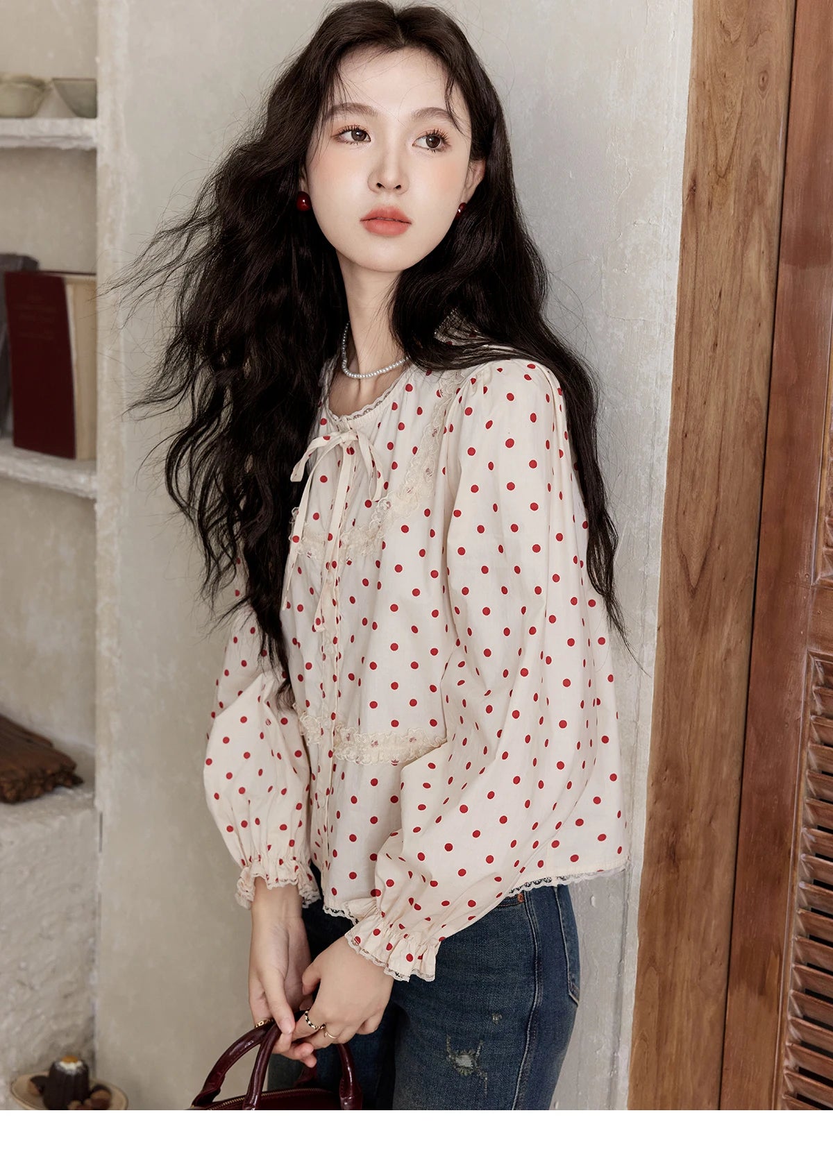 MISHOW Lace Up Polka Dot Round Neck Lace Shirt Elastic Petal Cuffs MXD44X1667