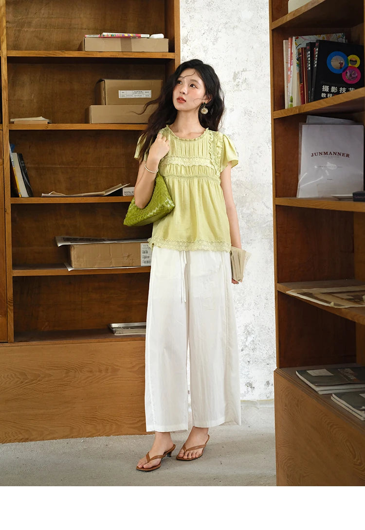 MISHOW Round Neck Blouse Mushroom Edge Lace Short Sleeve MXE39X1887