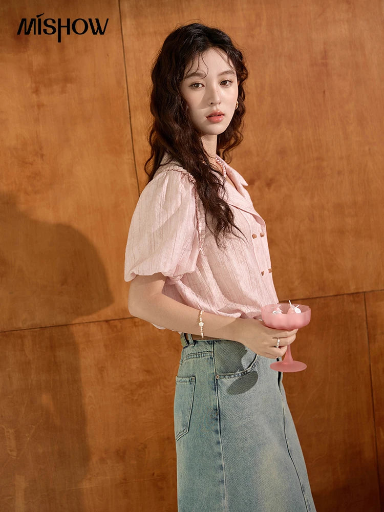 MISHOW Retro Pink Short Sleeve Shirt Ruffled Edge MXD29C0273