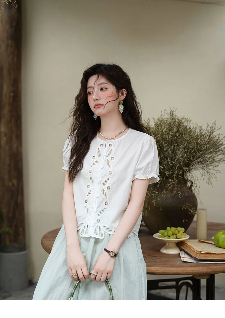 MISHOW 100% Cotton Hollow Embroidery Round Neck Puff Sleeve MXE39X1938