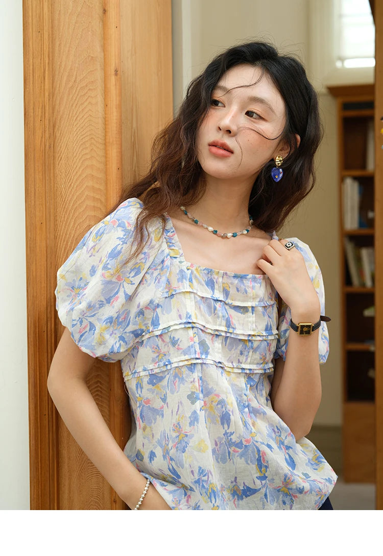 MISHOW Square Neck Puff Sleeve Blouse Print Top MXE39X1937