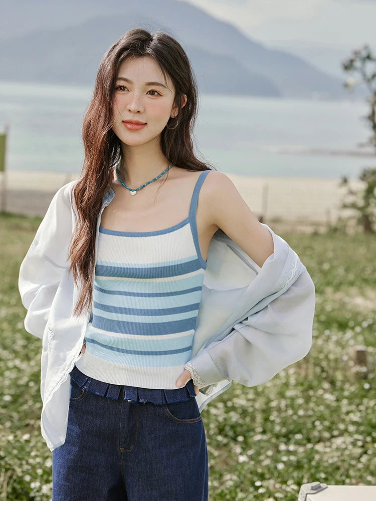 Mishow Blue Striped Square Collar Camisole MXE31Z1221