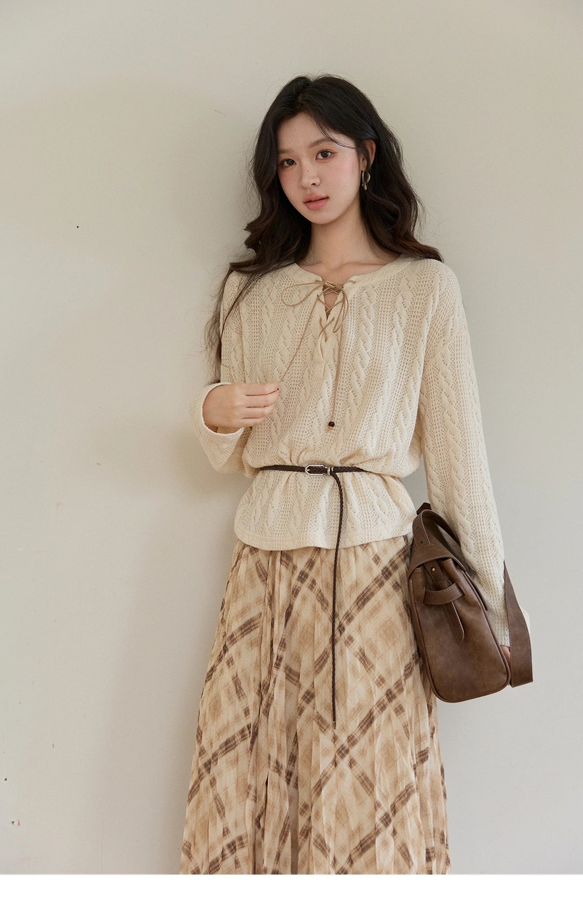 Mishow Beige V-Neck Lace-Up Cable Knit Sweater MXF108Z1029