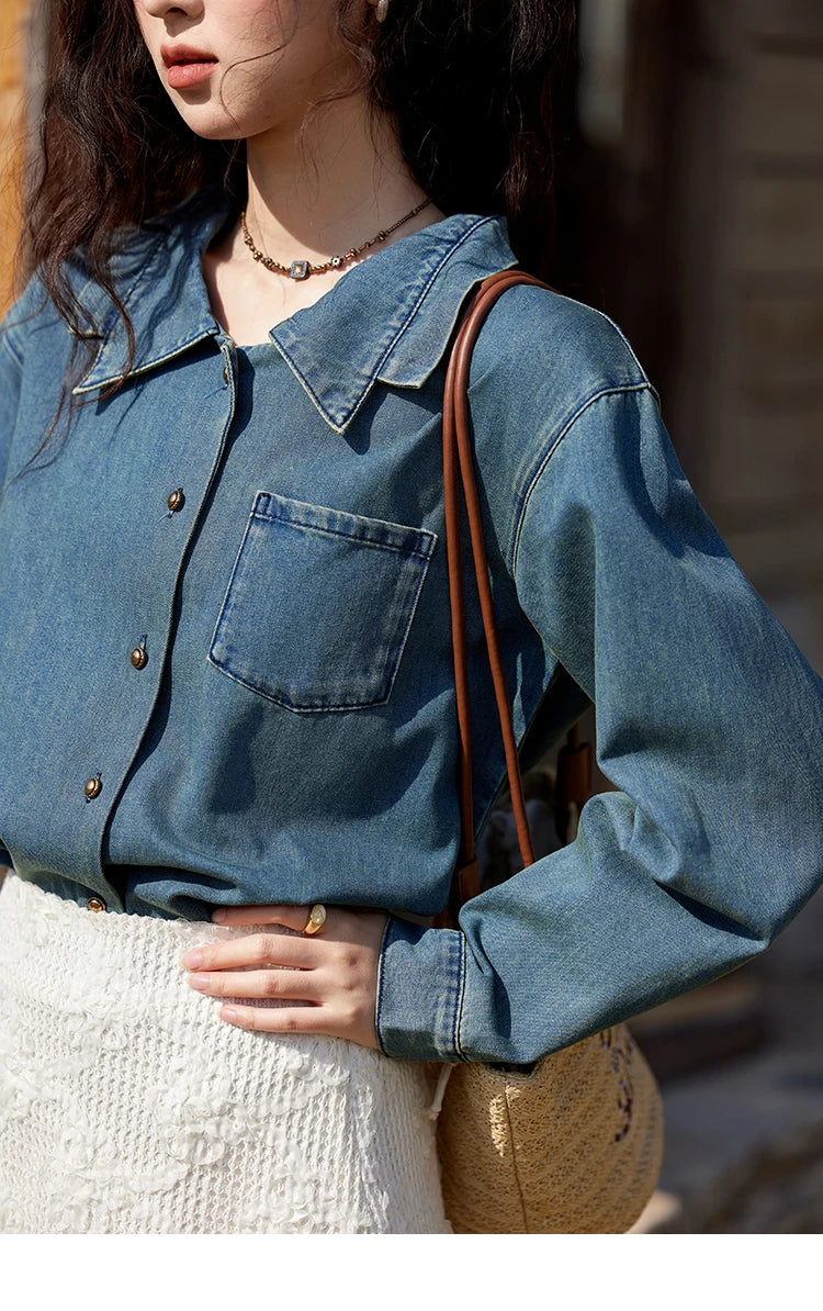 MISHOW Washed Denim Shirt Double Layered Patchwork Collar Metal Buckle MXE12C0751