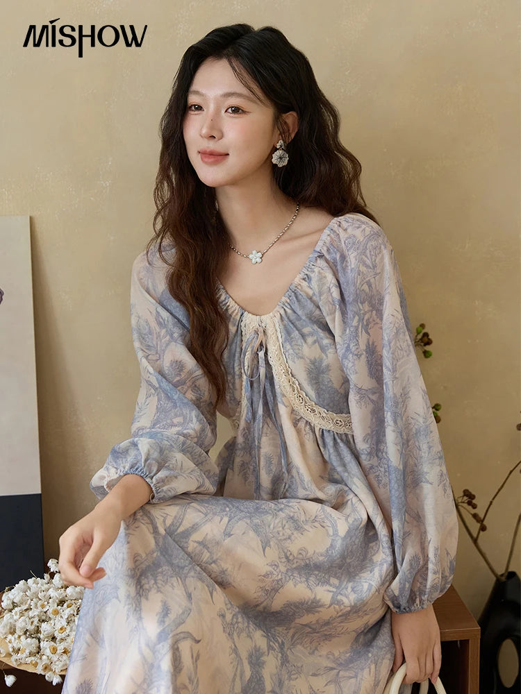Mishow Blue Floral Lace Panel Drawstring Dress MXE45L2507