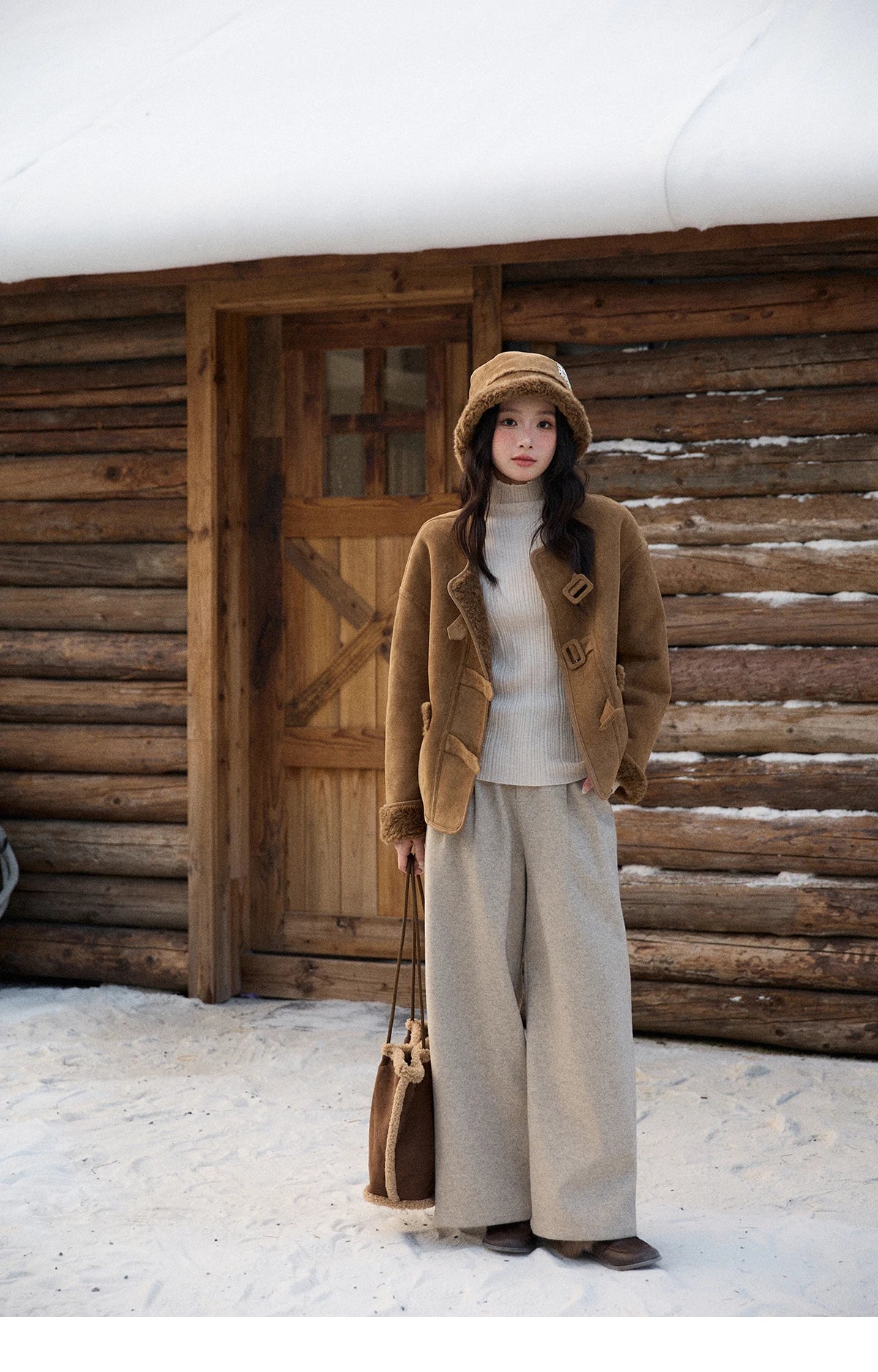 MISHOW Brown Round Neck Coat Button Pockets Loose Windproof MXE90W0994