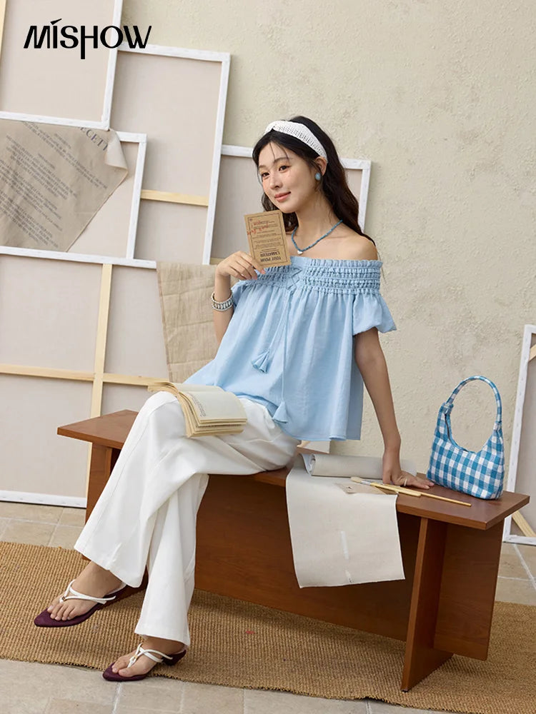 MISHOW Mist Blue One Shoulder Blouse Elastic Pleated Puff Sleeve MXE34X1796