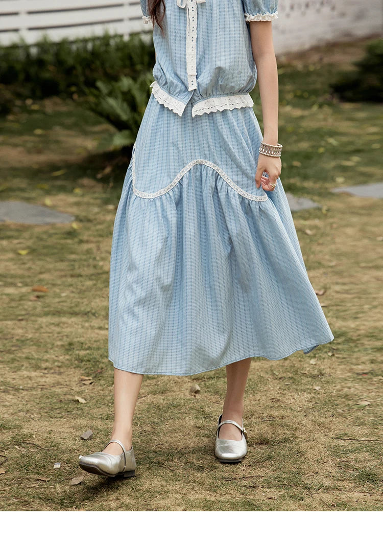 Mishow Blue Stripe V-Neck Top & A-Line Skirt Set MXE31T0531