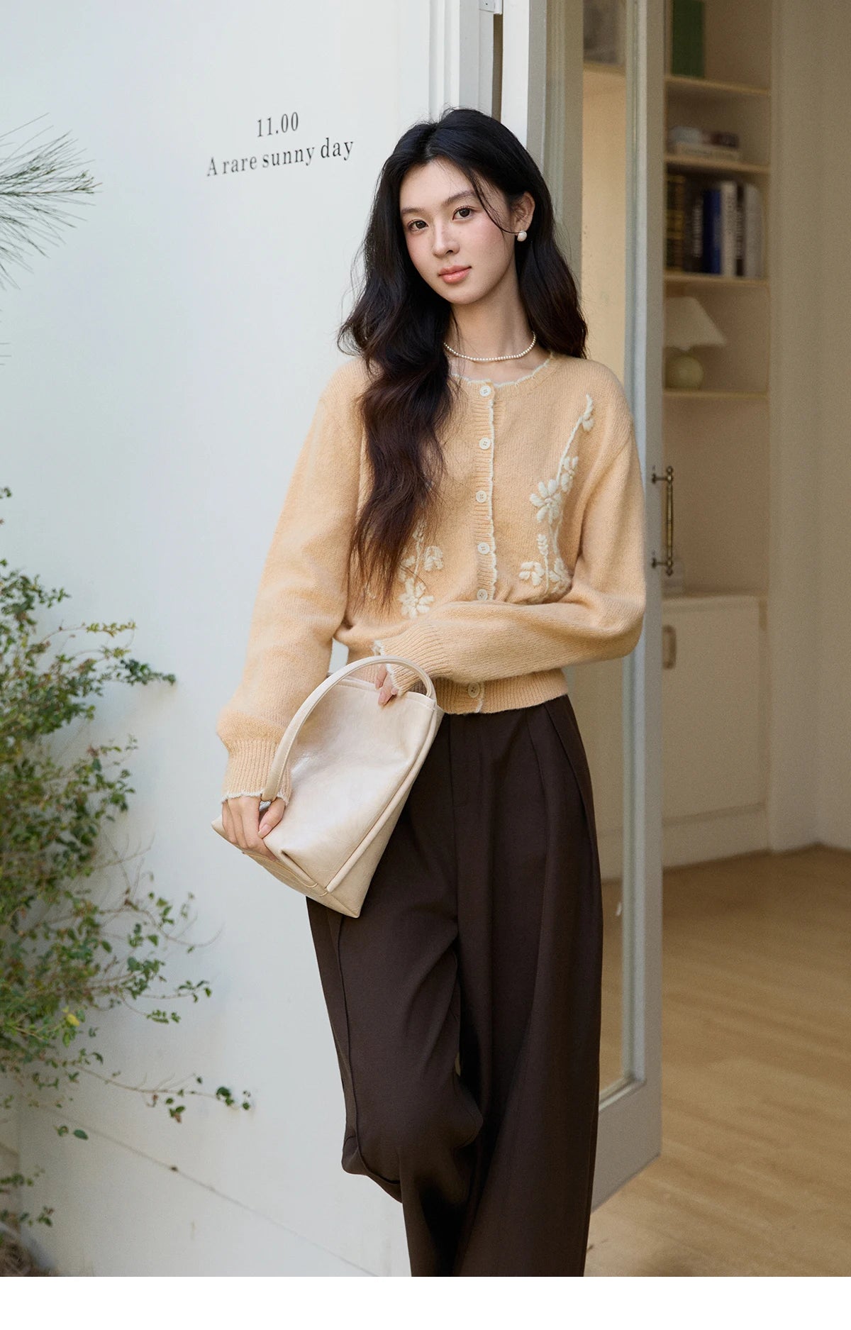 Mishow Camel Floral Embroidery Crew Neck Cardigan MXF11Z2896