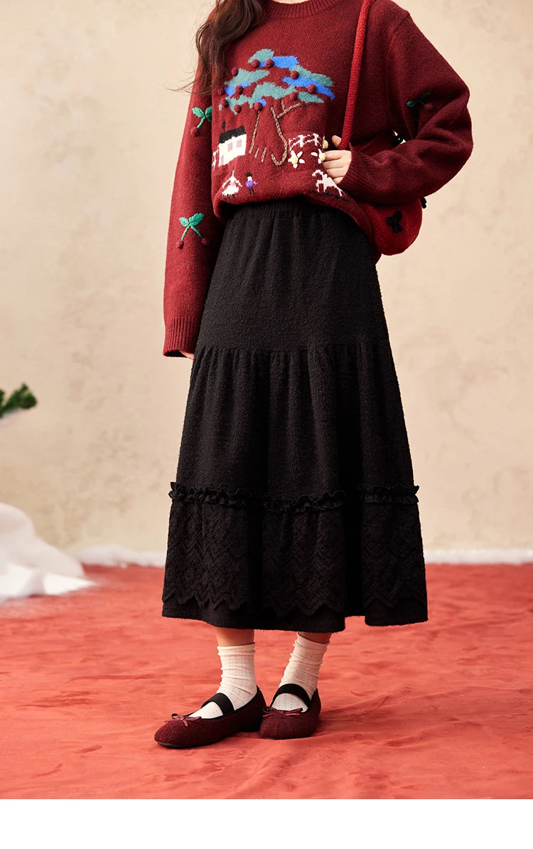 MISHOW Splicing Knitted Skirt Lace Loose Pleated Long MXD59B0632