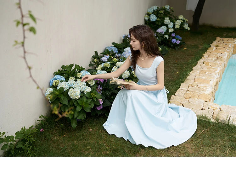 Mishow Square Neck Patchwork Side Drawstring Dress MXD23L1818