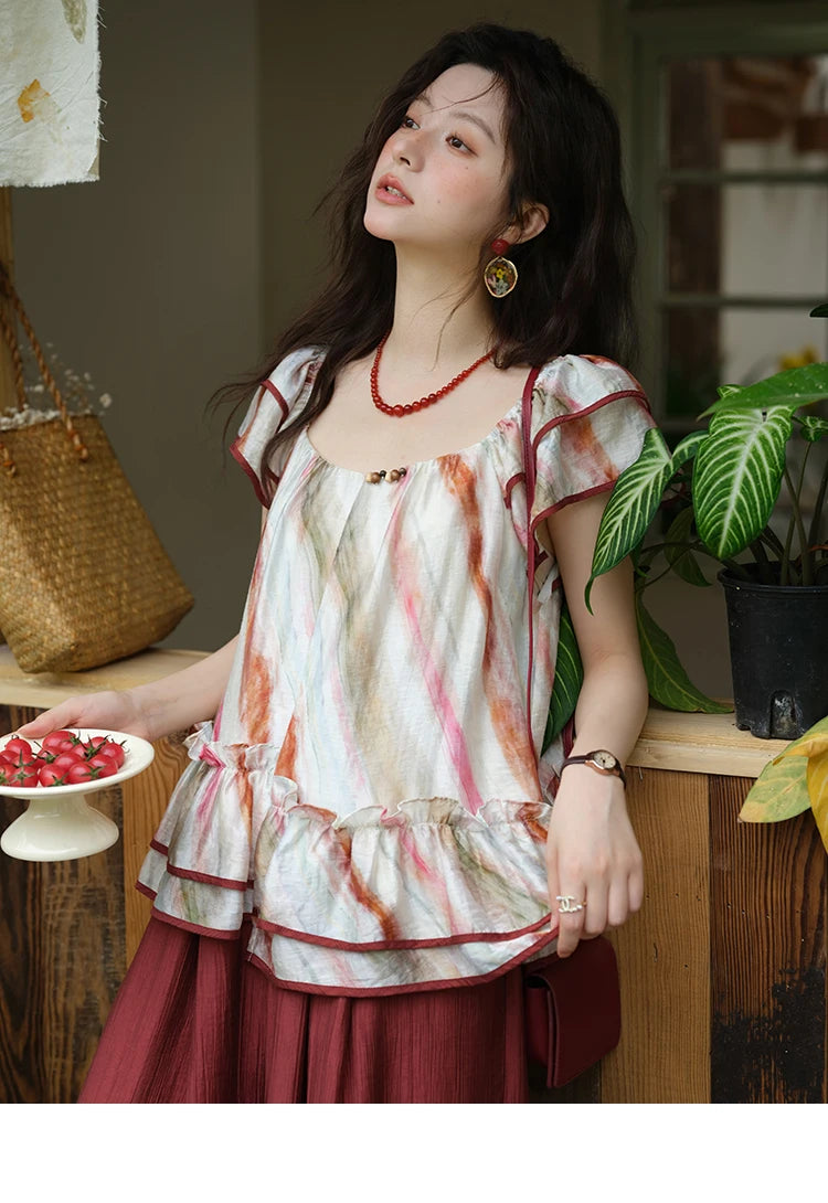 MISHOW Retro Stripe Print Blouse O-Neck Butterfly Sleeve MXE38X1862