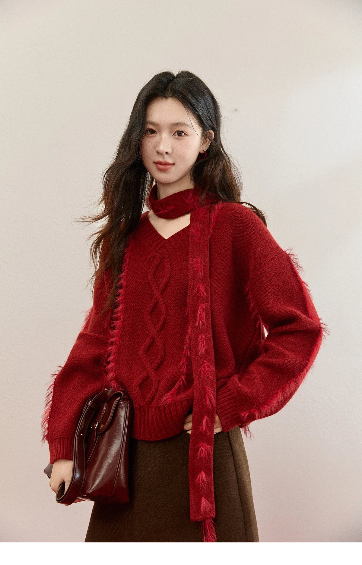 Mishow Burgundy Christmas Mink Fur Tassel Sweater MXE93Z2809