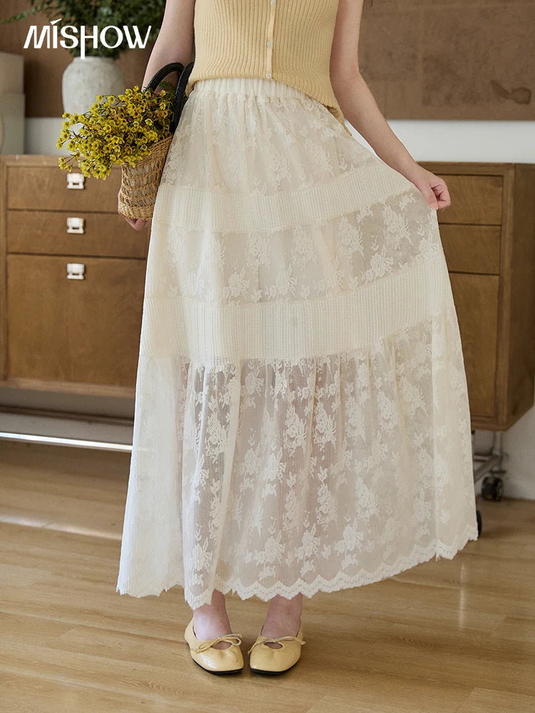 MISHOW Cream Lace Maxi Skirt Floral Embroidery Tiered Ruffled MXF11B2462
