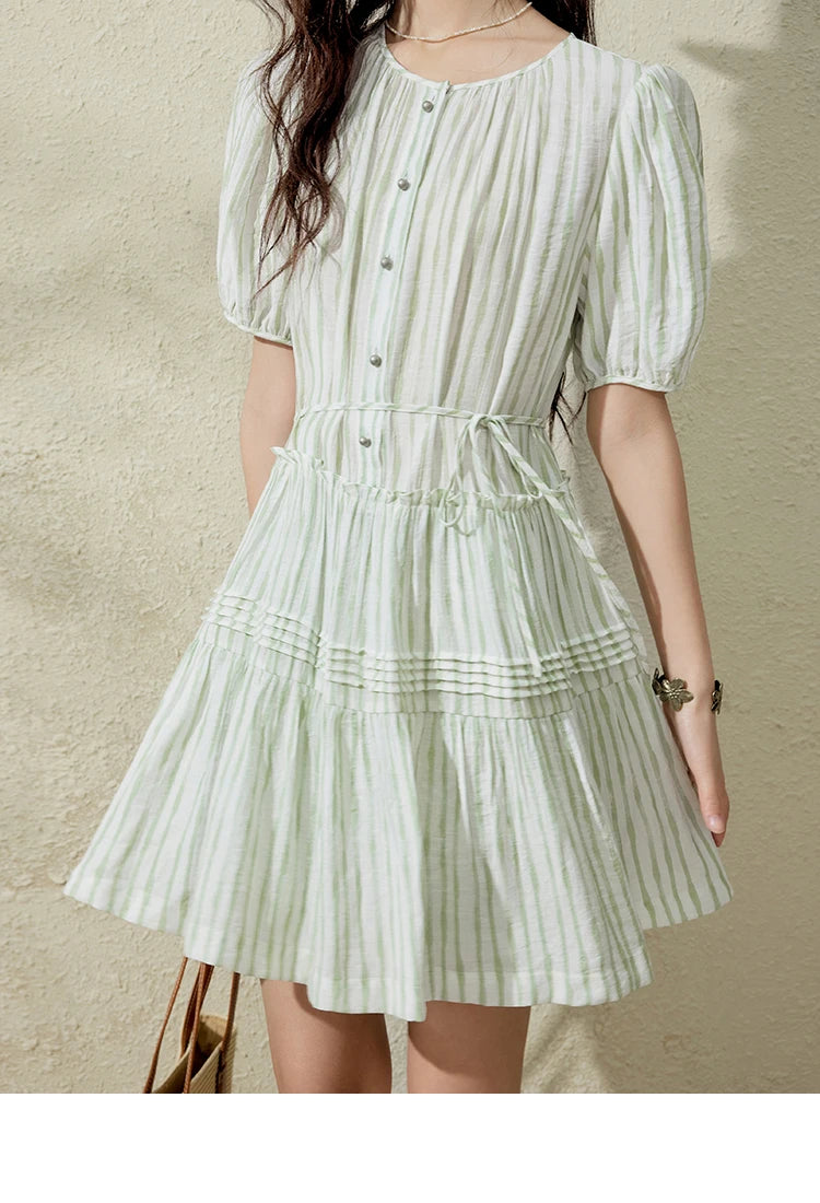 MISHOW French Green Striped Puff Sleeve Dress MXE15L2141