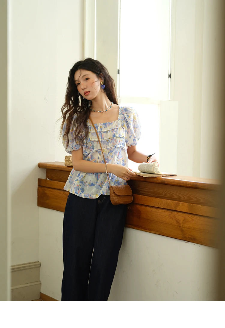 MISHOW Square Neck Puff Sleeve Blouse Print Top MXE39X1937