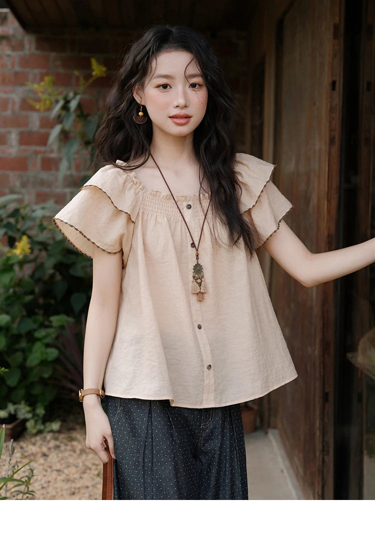MISHOW Butterfly Sleeve Blouse Square Neck Button Loose MXE37X1854