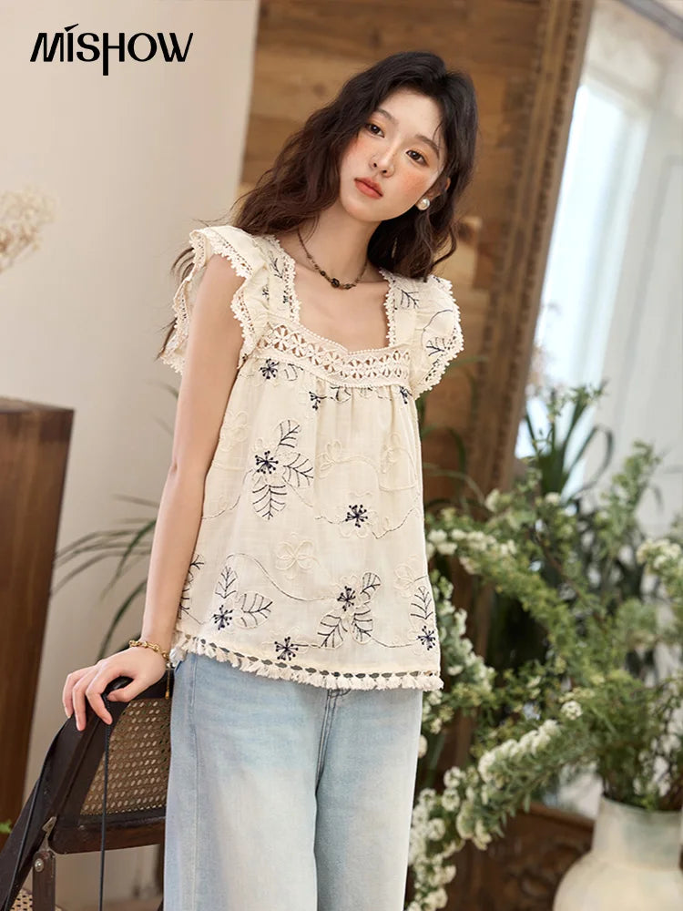 MISHOW Square Collar Embroidered Doll Blouse Flying Sleeve Lace Tassel MXE35X1839