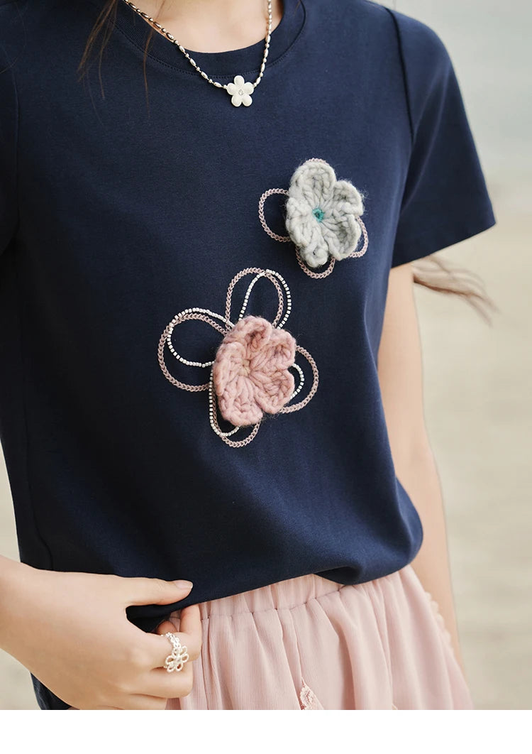 Mishow Flower Beaded Round Neck Tee MXE33T0499