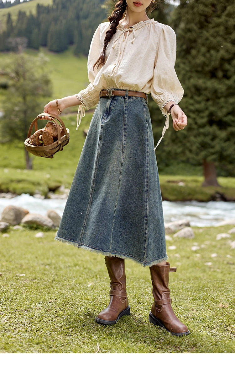 MISHOW Washed Hem Fringed Denim Midi Skirt A-Line Retro MXD41B0453