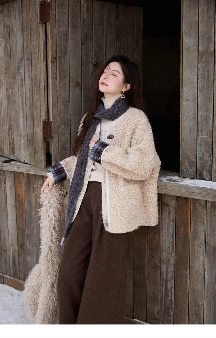 Mishow Plaid Patchwork Curly Lambswool Coat MXE87W0939