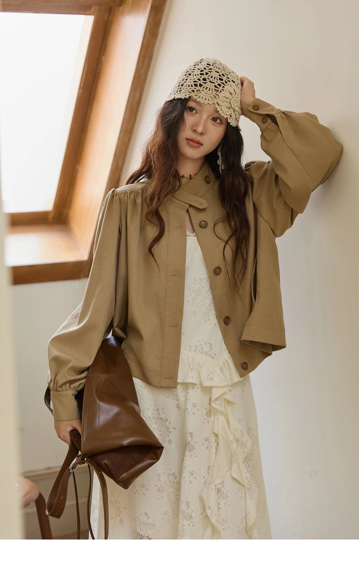 Mishow British Light Brown Stand Collar Trench MXE43W0802