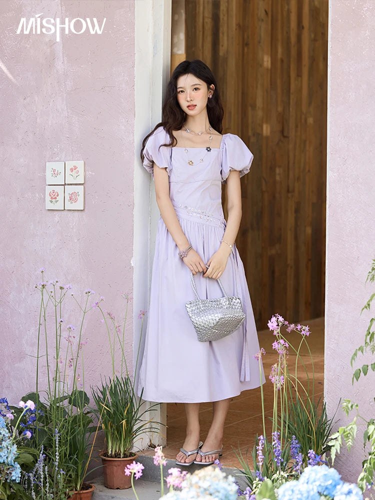 Mishow French Purple Puff Sleeve Square Neck Dress MXE34L2222