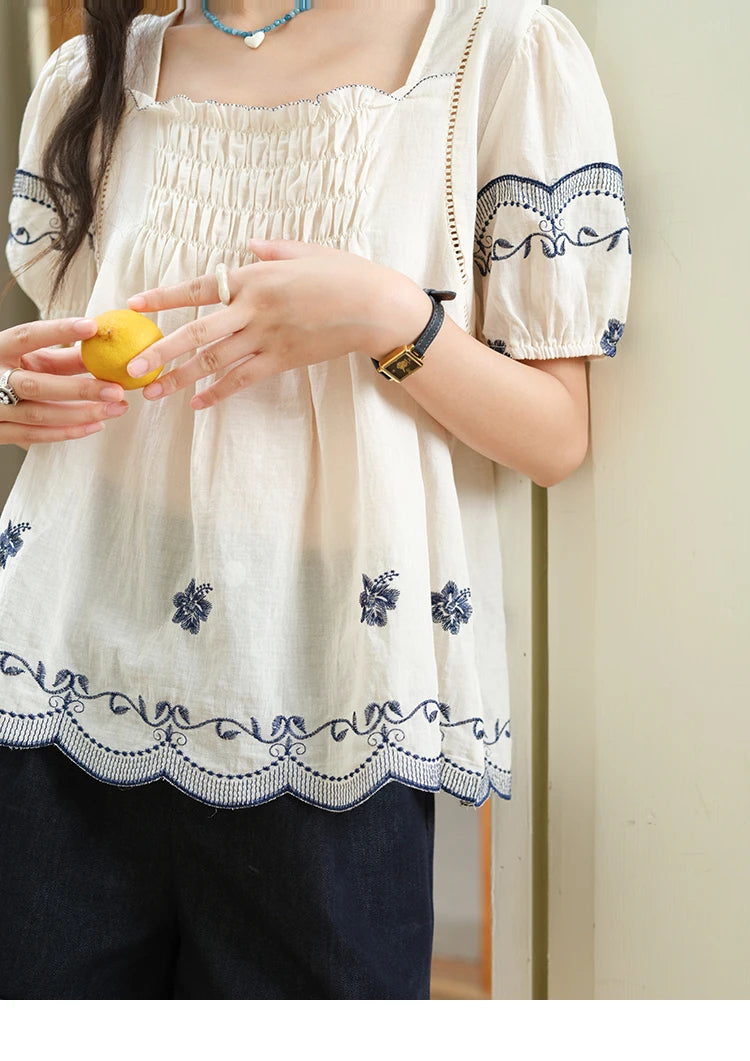 MISHOW Square Neck Puff Sleeve Blouse Flower Embroidery Hollow MXE39X1953