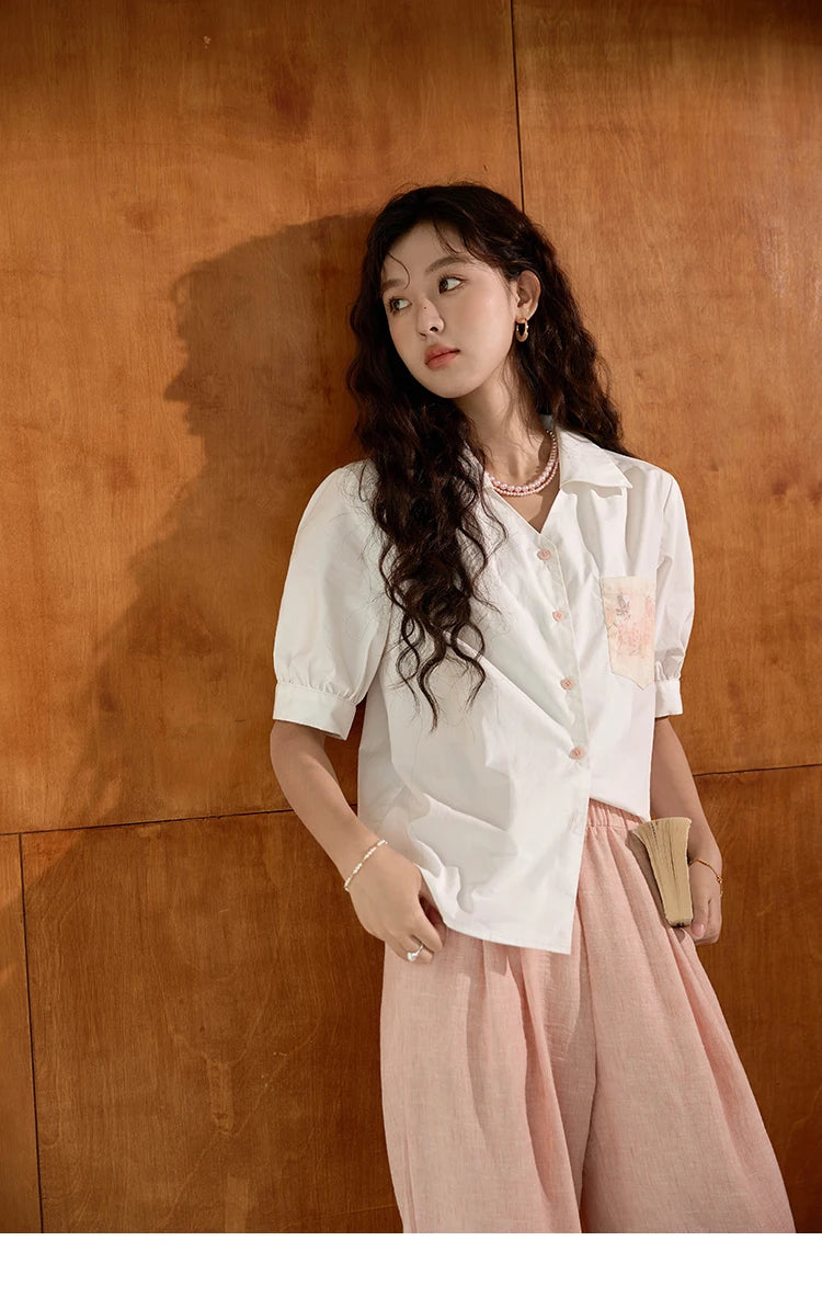 MISHOW Cotton Short Sleeve Shirt Embroidered Pocket Puff Sleeve MXD26C0243