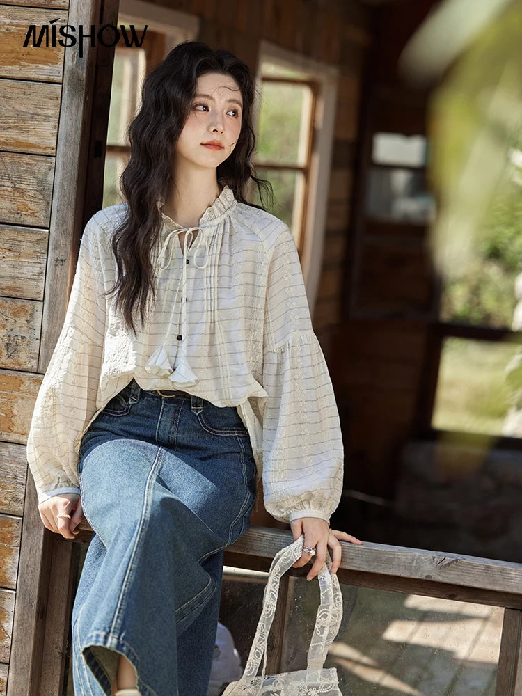 MISHOW French Striped Blouse Lace Collar Chiffon MXE12C0387