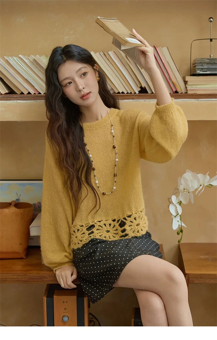 Mishow French Hollow Out Floral O-Neck Sweater MXE44Z2491