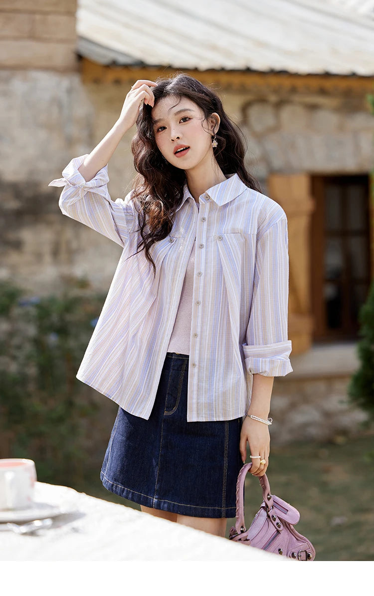 MISHOW Purple Striped Loose Shirt Turn-Down Collar MXE13C0407