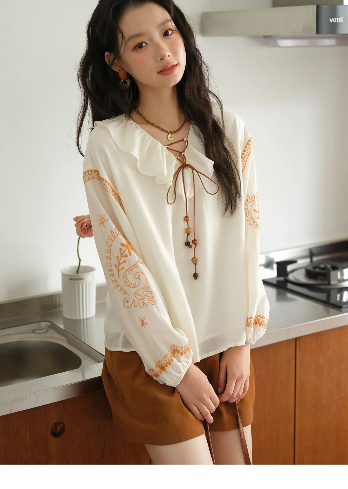 MISHOW Embroidered Blouse Ruffle V-Neck Lace Up MXE43X1987