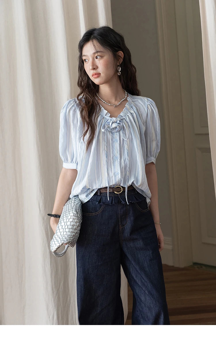 MISHOW Striped Puff Sleeve V-Neck Button Shirt MXE36X1870