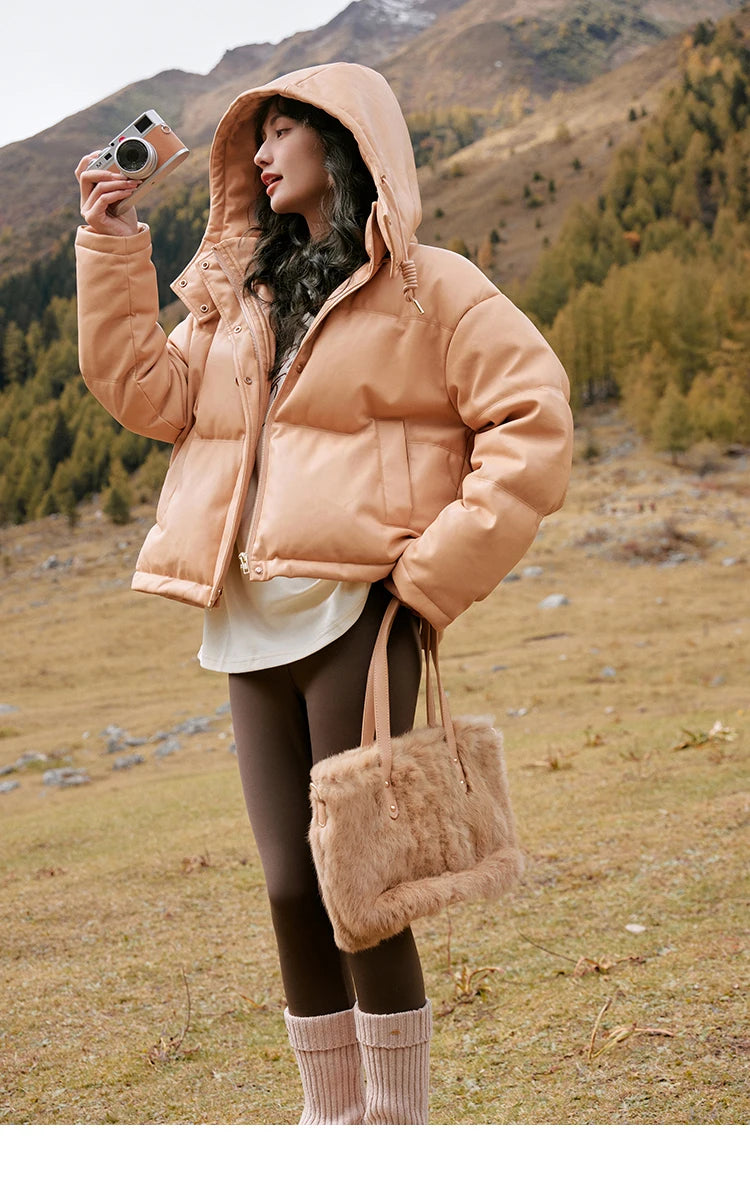 Mishow Hooded Imitation Leather Short Down Jacket MXC52Y0008