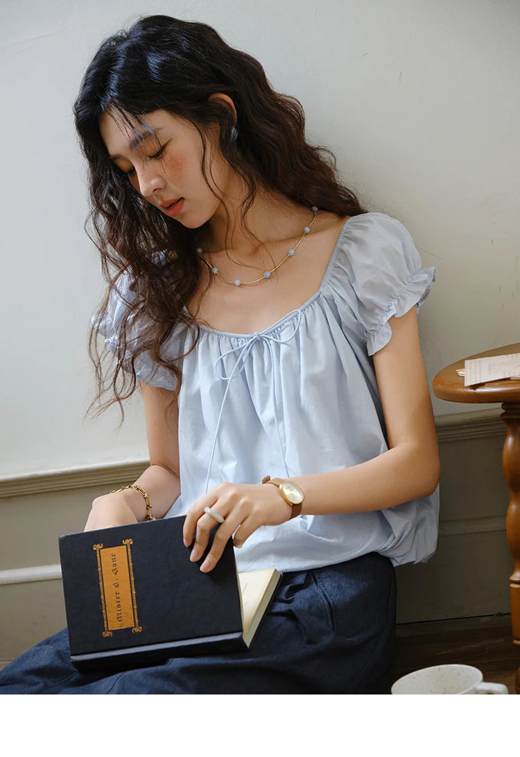 MISHOW Cotton Blouse Puff Sleeve Lace Up O-Neck MXE37X1893